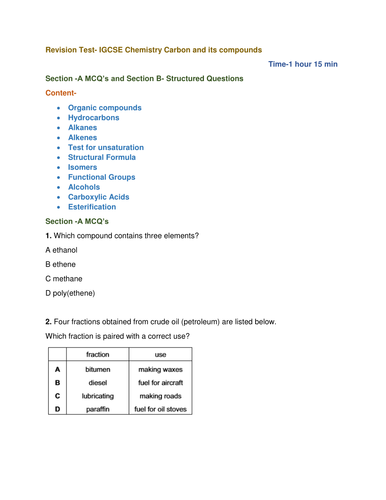 Revision Test- IGCSE Chemistry Carbon and its compounds                          Time-1 hour 15 min