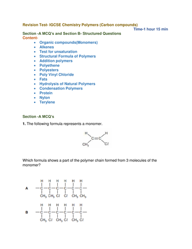 Revision Test- IGCSE Chemistry Polymers (Carbon compounds)                       Time-1 hour 15 min