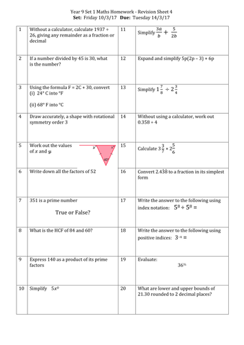 year 9 maths higher revision homework sheets teaching resources