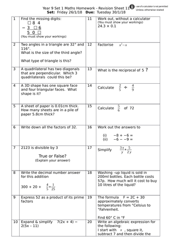 year 9 maths homework booklet pdf
