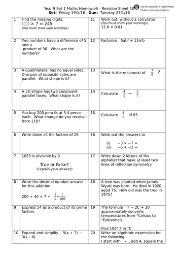 ks3 maths worksheets year 9