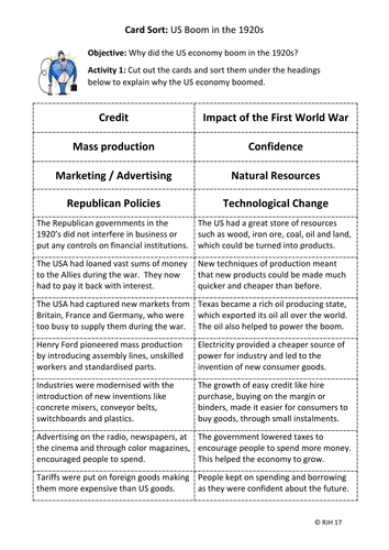 Card Sort: Why did the US economy expand rapidly in the 1920s?