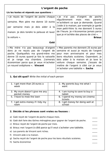 GCSE / KS3 French Pocket Money: l'argent de poche, family & home ...