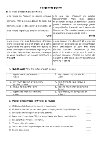 GCSE / KS3 French Pocket Money: l'argent de poche, family & home. Reading, vocabulary & translation