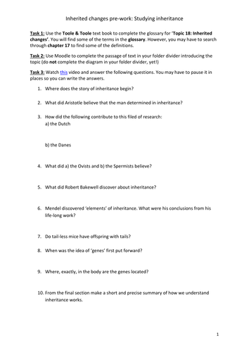 AQA A-level Biology (2016 spec). Section 7 Topic 17: Inherited changes - Pre-work