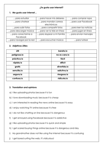 GCSE Spanish Internet & technology: Internet uses with justified opinions & translations