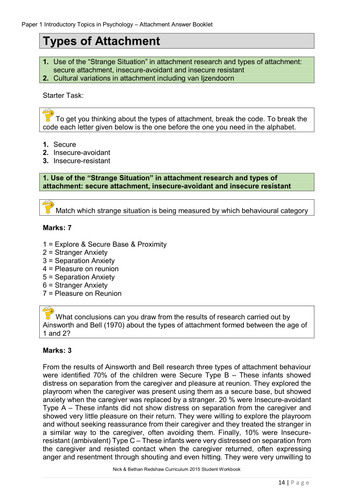 Workbook Answers Attachment - Types of Attachment | Teaching Resources