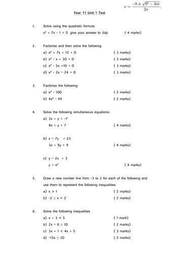 revision / test on algebra for year 11/ 12
