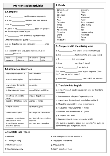 GCSE revision - Translation on family relationships with solution and pre-translation tasks