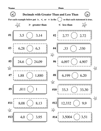 Decimals Greater Than Less Than Plus Fraction Awareness 6 Worksheets