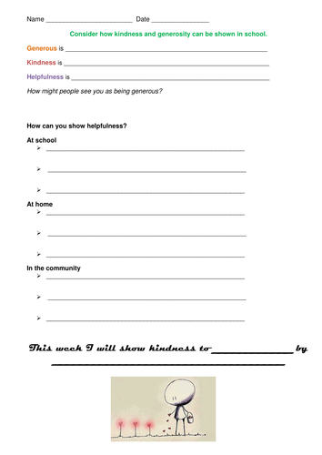 Kindness, Generosity Worksheet