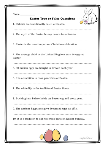 Easter Quiz True Or False Activity Worksheet Teaching Resources