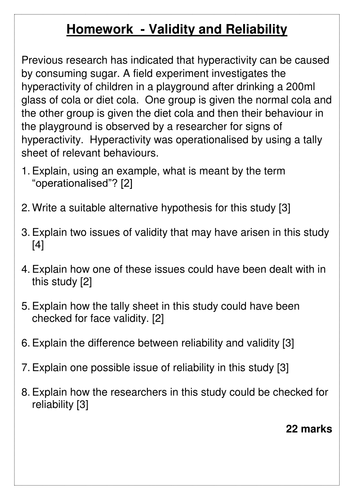 Validity And Reliability Homework Exam Questions And Answers Aqa