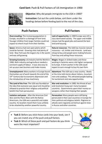 Card Sort: What were the push and pull factors to US immigration in the 1900s?