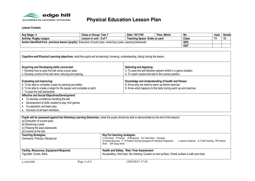 Rugby Union Lesson Plans