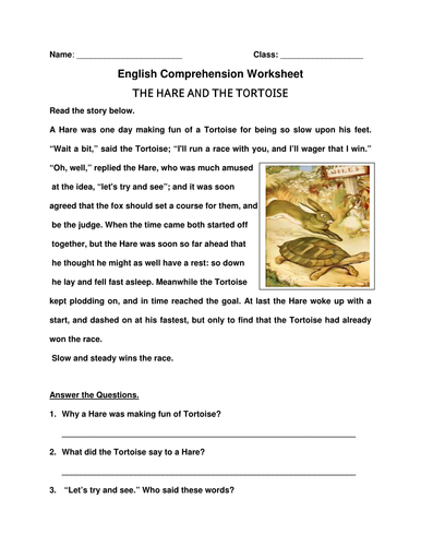 english comprehension worksheet the hare and the tortoise