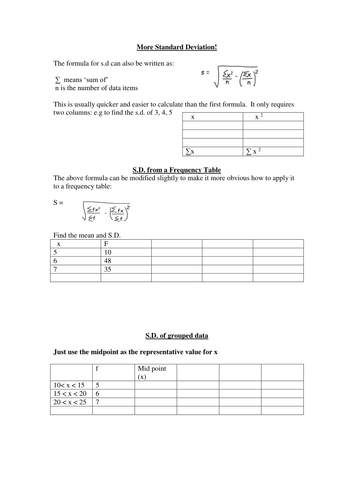 Standard Deviation template for worked example or notes or revison/starter/plenary