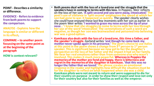 AQA Power & conflict Compare Poppies & Kamikaze New specification exam revision with structure strip