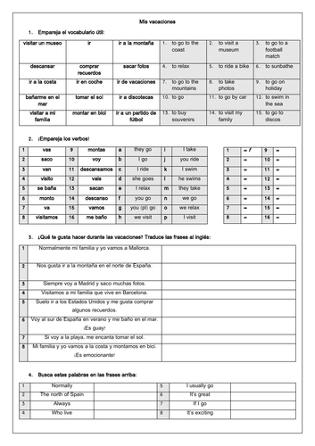 Spanish GCSE Las vacaciones: Holidays - Present tense verbs, vocabulary & structures