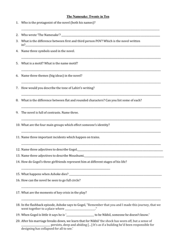 'The Namesake' by Jhumpa Lahiri - revision materials, example essay ...
