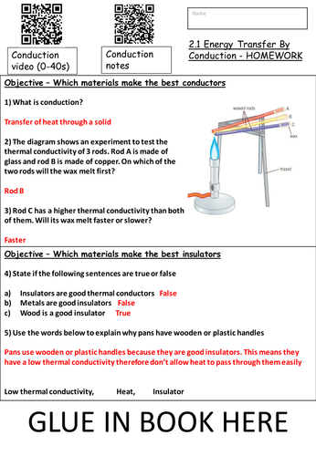 Energy Transfer by Conduction Homework
