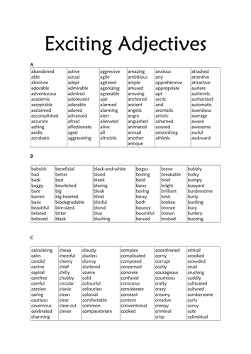 Exciting Adjectives List Teaching Resources