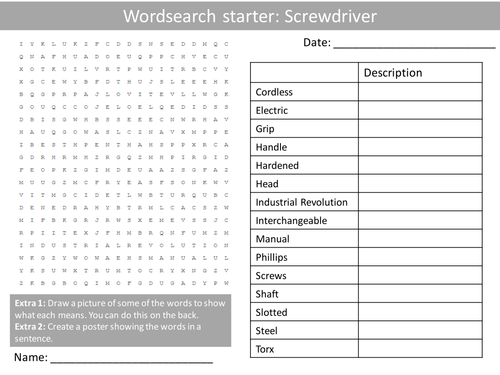 Design Technology Tools Screwdriver KS3 GCSE Wordsearch Crossword 