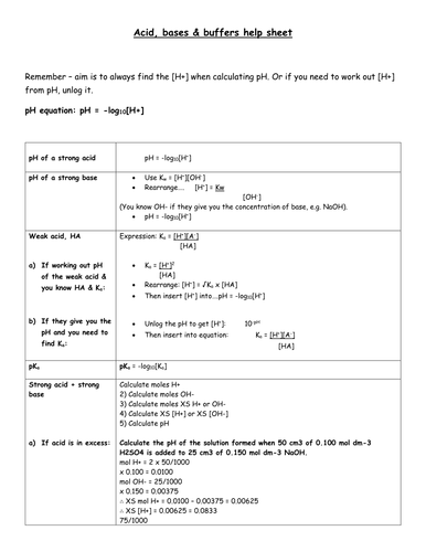 YEAR 2: Acids, bases & buffers calculations help sheet