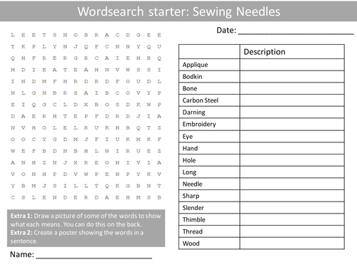 Design Technology Tools Sewing Needles KS3 GCSE Wordsearch Crossword
