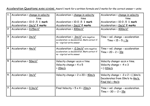 Differentiated Worksheet on Calculating Acceleration, Velocity and Time