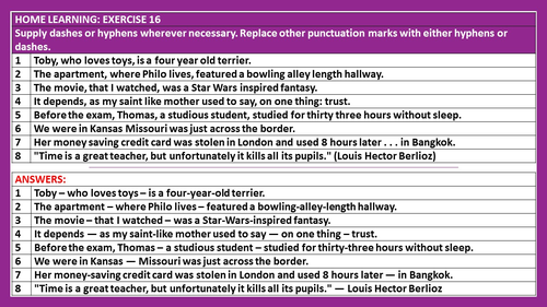 HYPHENS AND DASHES - PUNCTUATION: WORKSHEETS WITH ANSWERS | Teaching