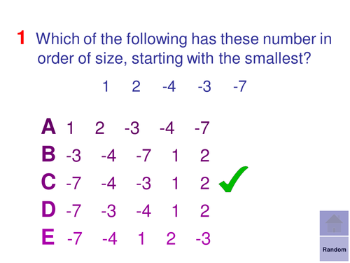 Multiple Choice Starters - Negative Numbers