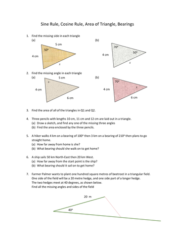 Sine Rule, Cosine Rule, Area of Triangle, Bearings | Teaching Resources