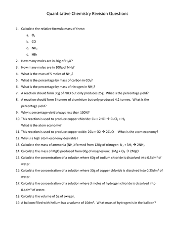 Quantitative Chemistry Revision Mat & Questions | Teaching Resources