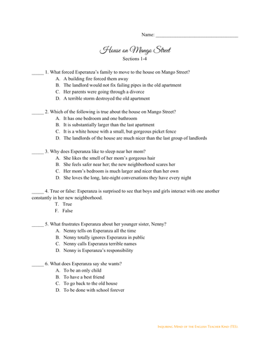 The House on Mango Street Quiz - Sections 1-4 | Teaching Resources