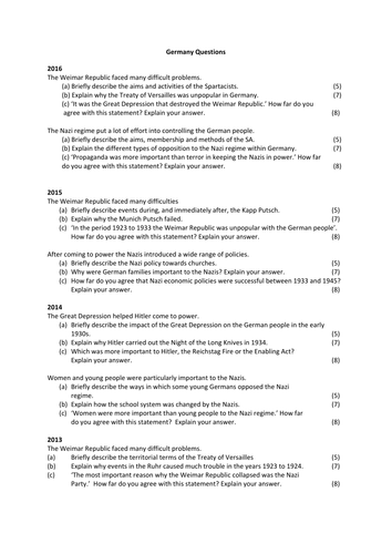 OCR SHP Nazi Germany Past paper questions