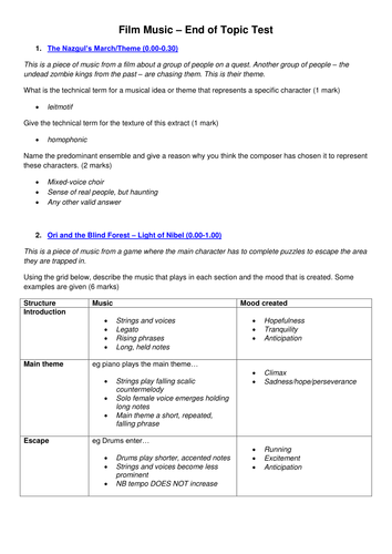 GCSE - Film Music Listening Test & Answers