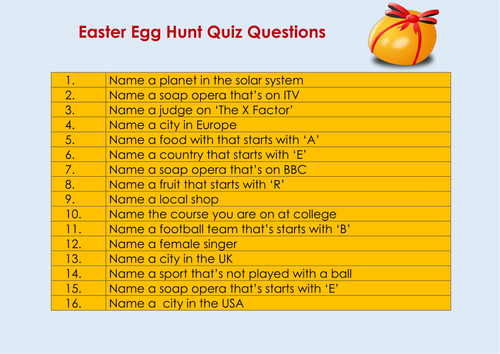 Easter 2018 Easter Egg Hunt Quiz Teaching Resources