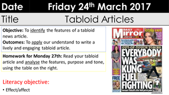 Newspapers tabloid articles KS3 Y9 with homework ...