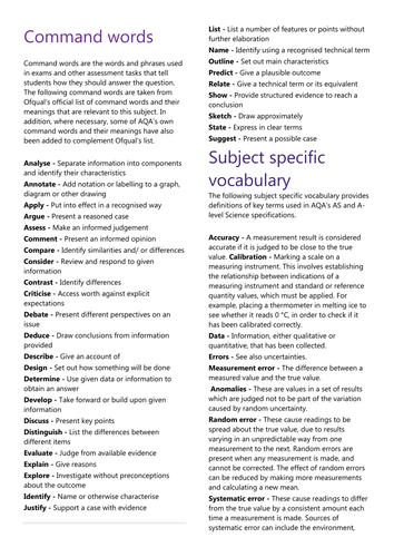 A level Biology exam command words and subject specific vocabulary