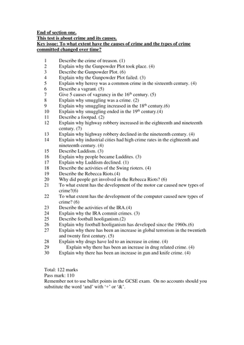 GCSE CAUSES OF CRIME FROM THE TUDOR PERIOD TO PRESENT DAY: TEST AND ANSWERS