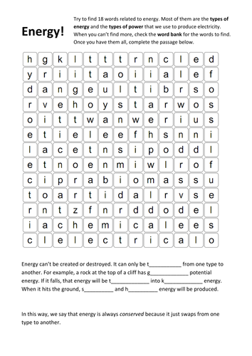 Energy and power - wordsearch and questions (revision / homework ...