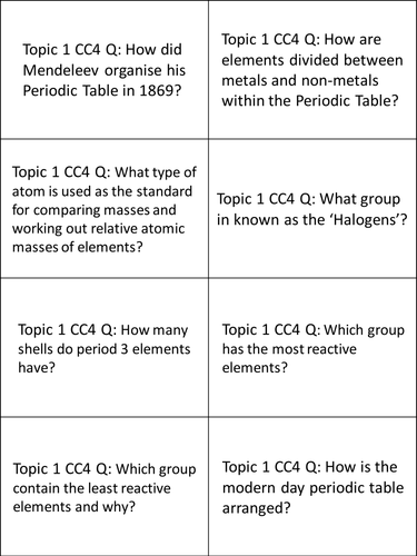 Edexcel 9-1 CC3 and CC4 Revision CARDS for Atoms and the Periodic Table (PAPER 1) Question + answers