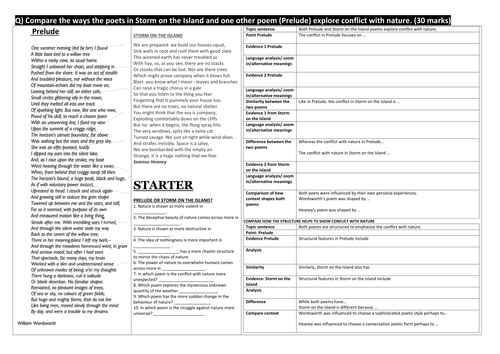 2 Writing frames to compare how The Prelude and Storm on the Island present conflict with nature