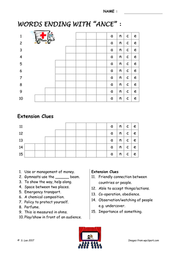 Suffix word work:  ANCE