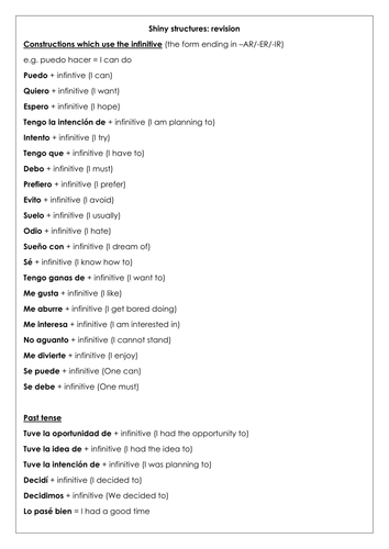 Spanish GCSE Key infinitive structures and A* phrases complex constructions