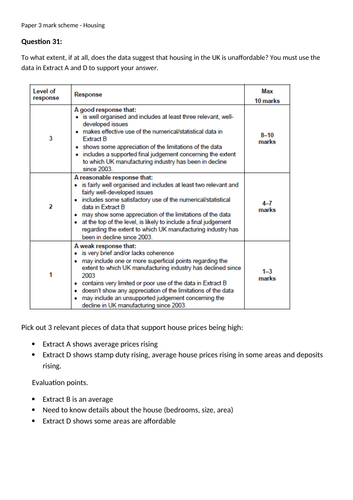 AQA style A level Economics - Paper 3 on housing with mark scheme