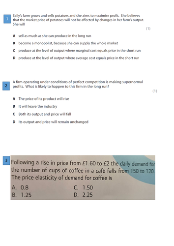 AQA style Economics paper 3 Multiple choice