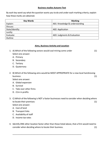 GCSE 1-9 Topic test on Aims, location & Activity.