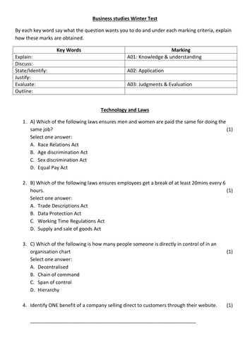 GCSE Business 1-9 topic Test on technology and Laws